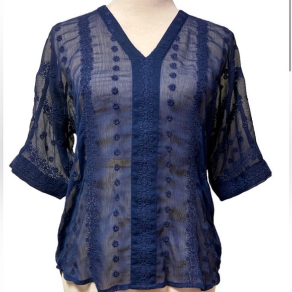 Olive & Oak Tops - Olive & Oak Navy Blue Sheer Lace Blouse V Neck Shirt Top Size Small